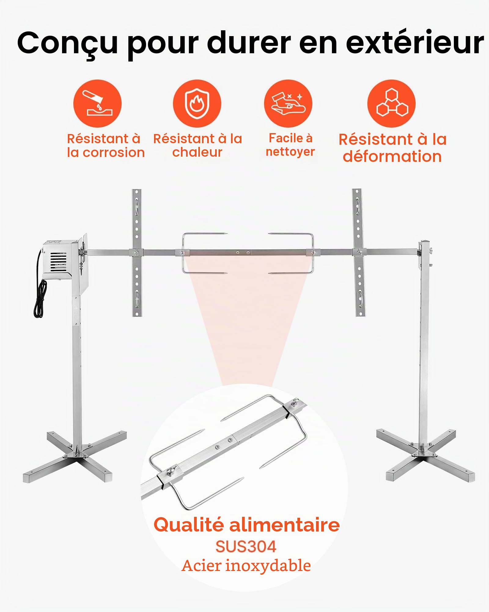 VEVOR Barbecue Rôtissoire Capacité de Charge de 40 kg, Kit de Tournebroche Électrique à 8 Niveaux de Hauteur, Moteur Automatique 38 W, Fourchette en Acier Inoxydable, pour Agneau Porcelet, Fête
