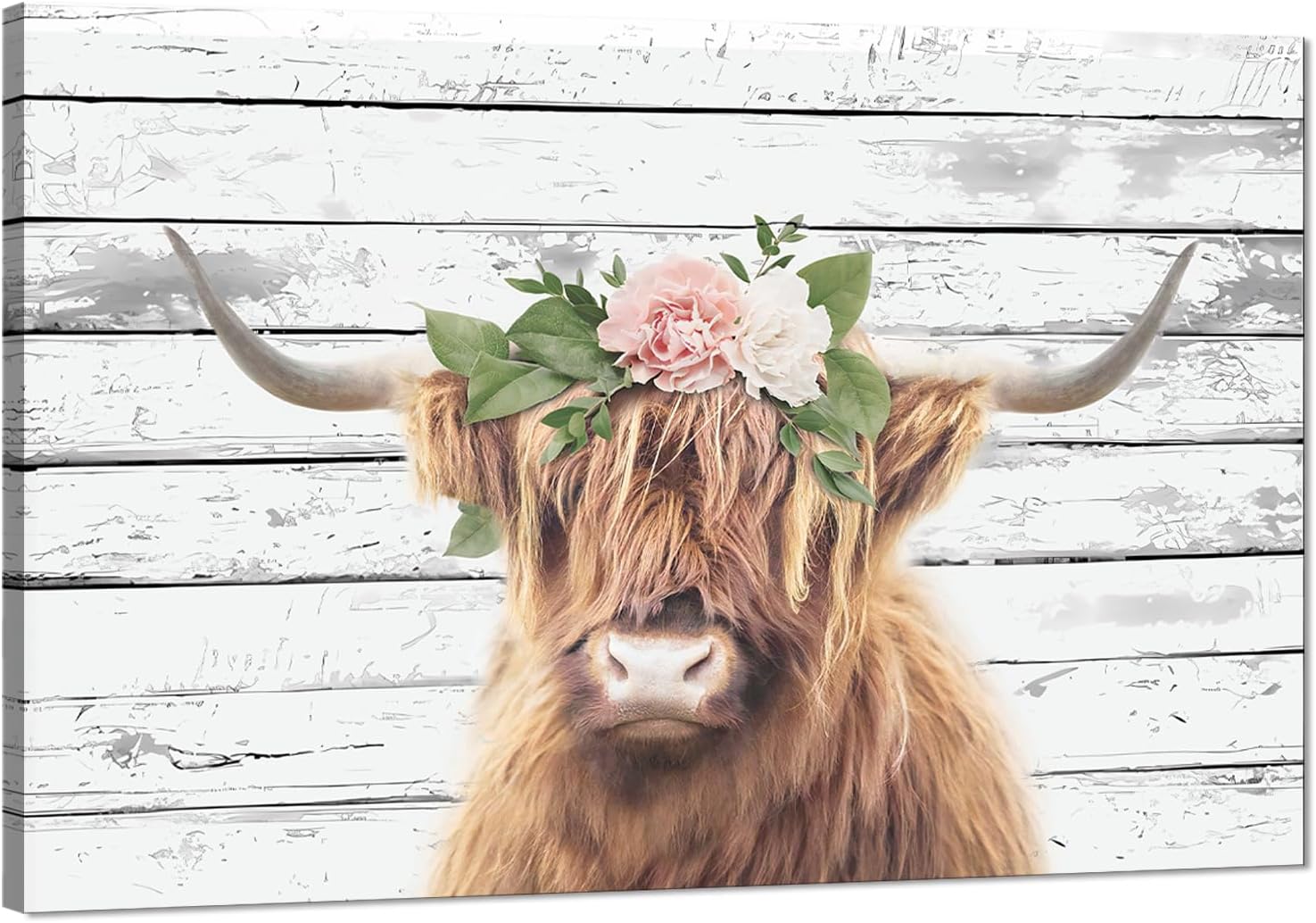 Novatique Farmhouse Cow Wall Art Highland Cow Bathroom Wall Decor Modern Country Art Highland Cow with Flower Canvas Print Cow Wildlife Home Decor for Living Room, 24 x 36inch