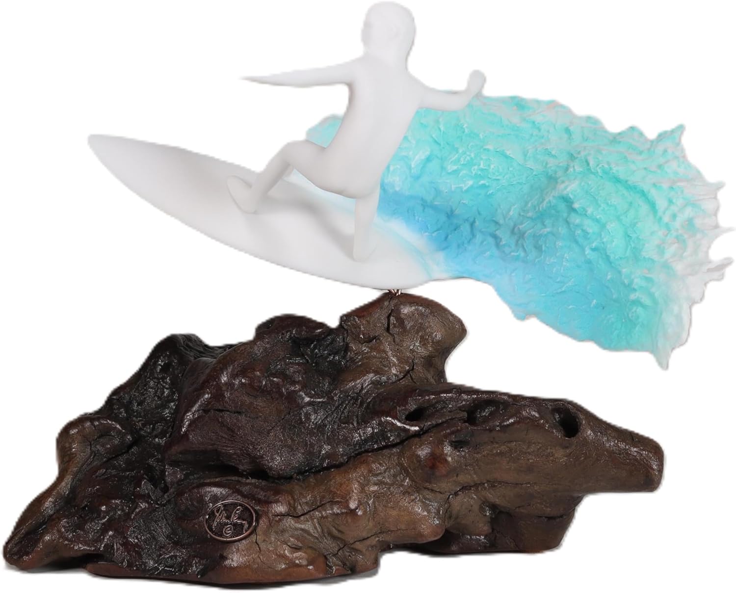 Surfer Sculpture by John Perry 7in Long on Polished burlwood Base. Signed.