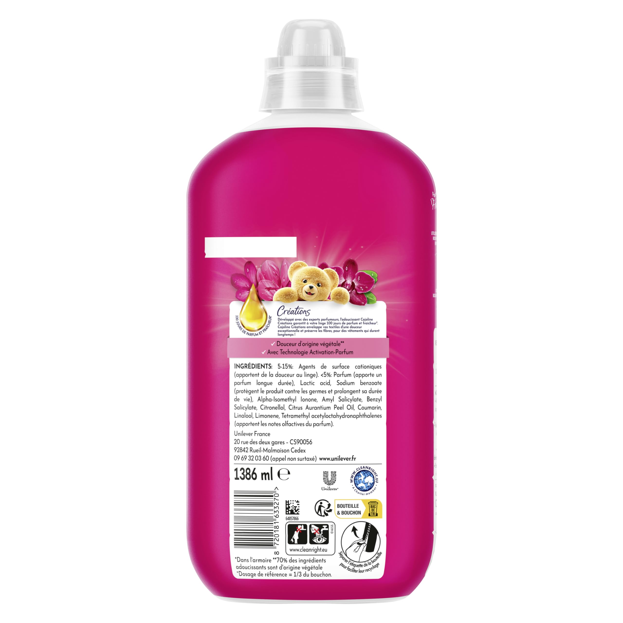 Cajoline Adoucissant linge liquide Fleur de la Tiaré & Pivoine Créations parfum et fraîcheur - 396 lavages -Lot de 6x66 lavages -1,386L