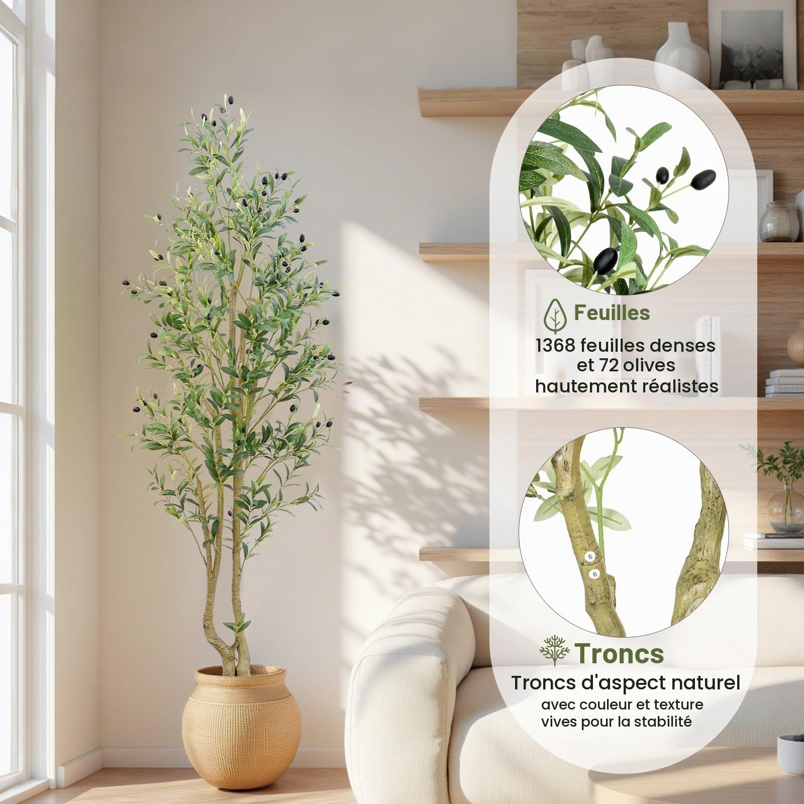 HZXGCP Olivier artificiel de 1,8 m avec pot blanc, faux arbre avec 1296 feuilles denses et 72 fruits d'olivier artificiels – Assemblage facile, nécessite peu d'entretien (olivier de 1,8 m)