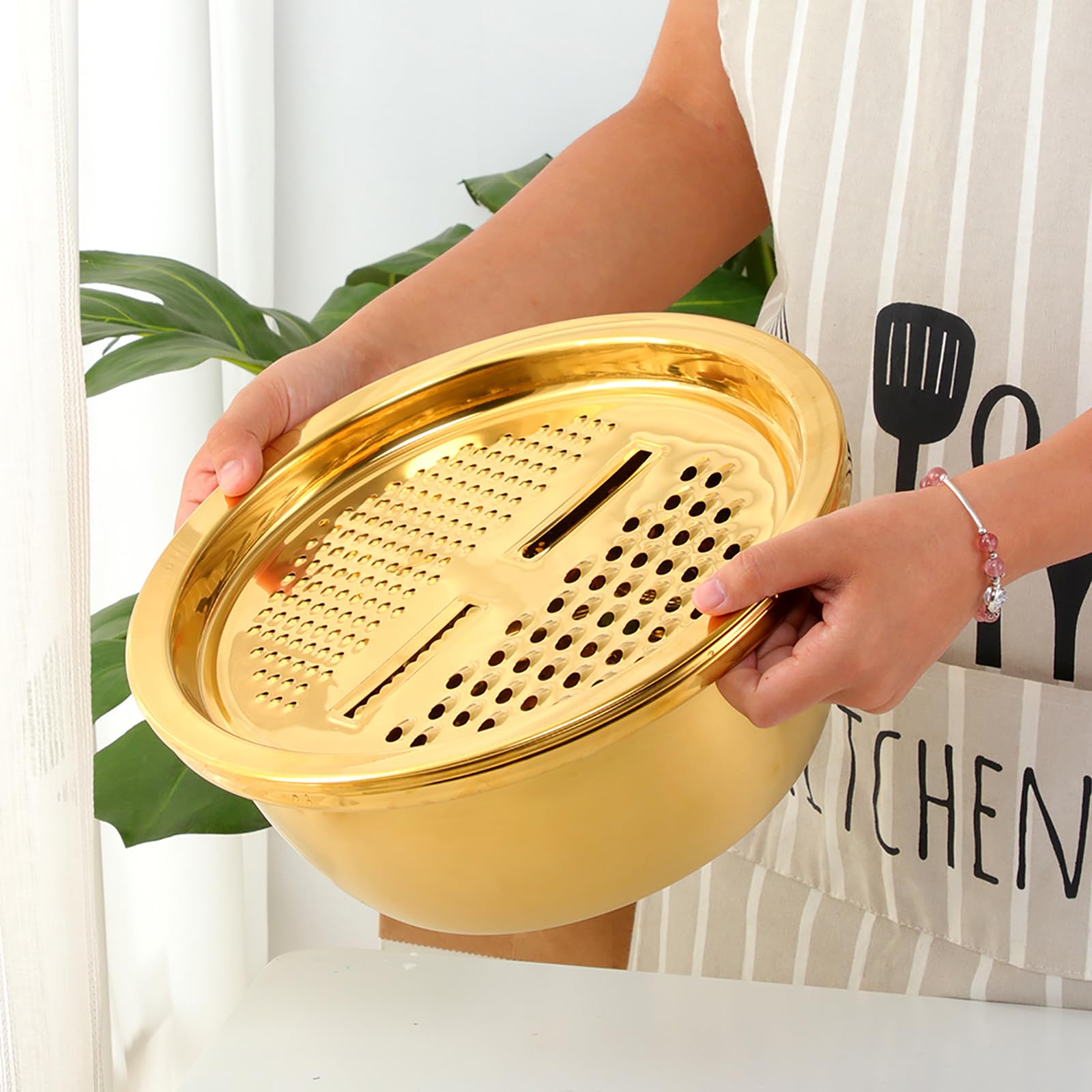 Meisha - Colador de 3 piezas, herramienta de cocina de acero inoxidable, cesta de drenaje 3 en 1, cortador de frutas y verduras, juego de cuencos, rallador de cesta de drenaje para frutas, verduras, 9