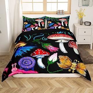 Erosebridal Botanical Duvet Cover Red Mushroom Decor,Blue Butterfly Bedding Set Woodland Plant Leaves Green Leaf Comforter Cover Rustic Home Decor King,Cartoon Snail Pink Flowers Farmhouse Decor