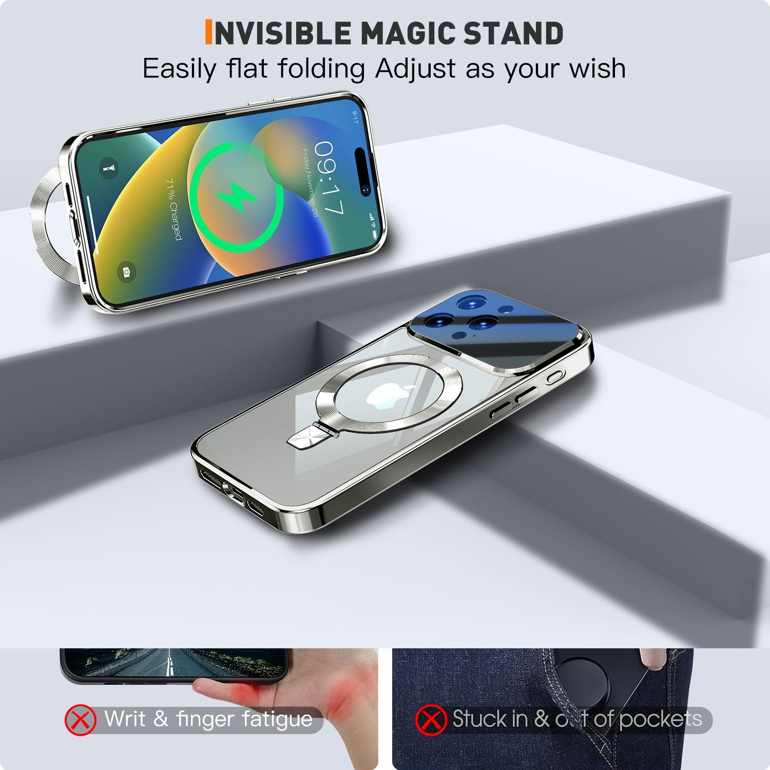 [Full Camera Lens Protection+CD Ring Compatible with MagSafe Stand]Magnetic for iPhone 16 Pro Case, Military Grade Drop Protection Electroplated Bumper Non-Yellowing Clear Case for Women Men Girls