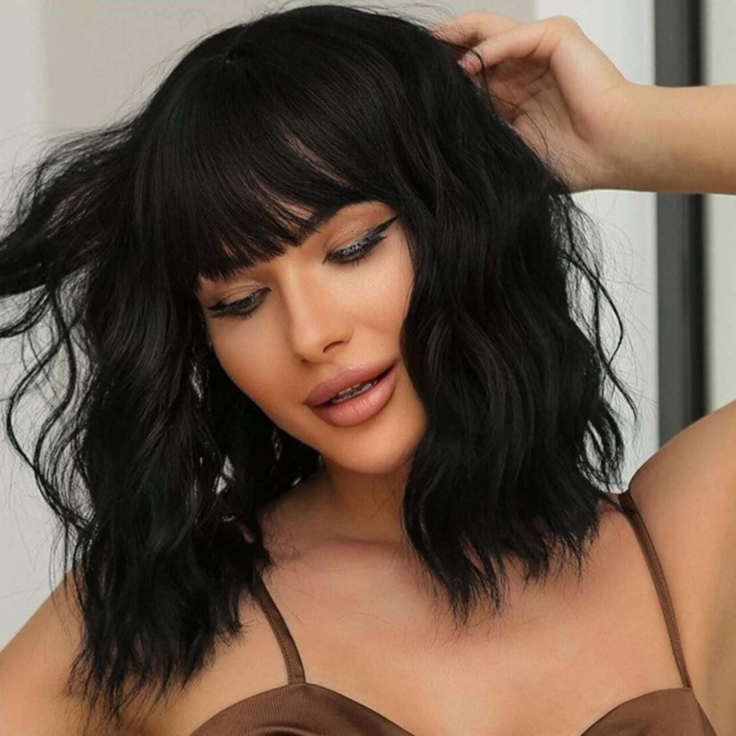 andromeda Black Wavy Wig with Bangs Soft Short Bob Wigs for Women Synthetic Shoulder Length Women's Wig for Costumes Cosplay Daily (Black)