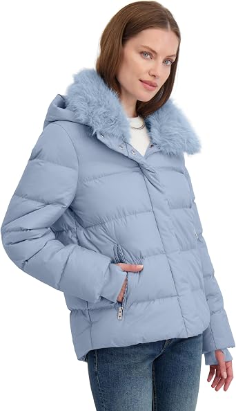 TAHARI Women's Short Quilted Puffer Jacket With Faux Fur Collar, Detachable Hood & Zipper Closure