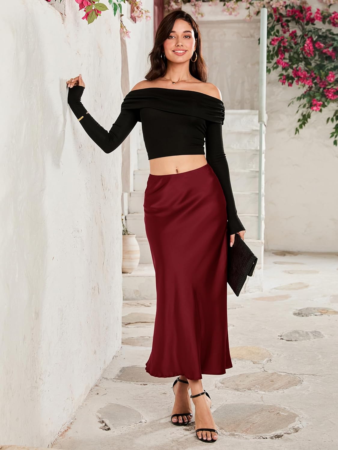 Womens Satin Skirt High Waist Stretchy Elastic Waistband Flowy Elegant Midi Skirts for Work & Casual - Image 7