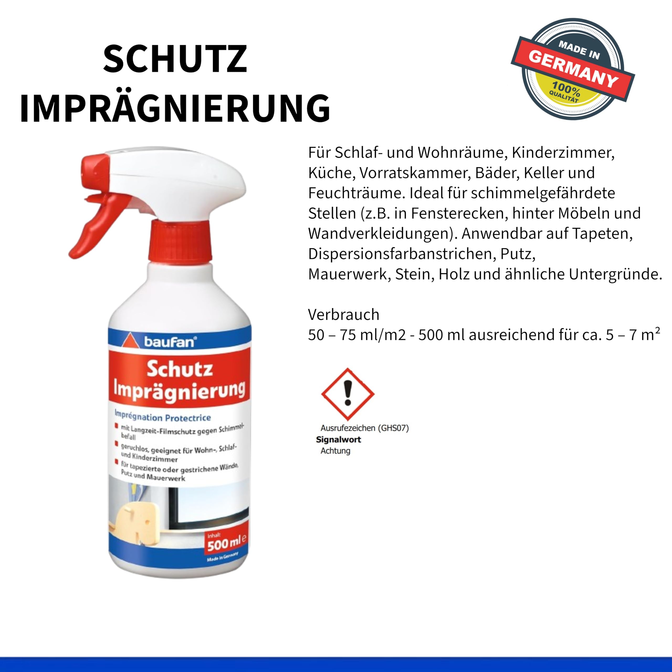 Baufan Impregnacja ochronna z ochroną przed pleśnią 500 ml – bezzapachowy i przezroczysty spray impregnujący do tapetowanych i malowanych ścian i murów