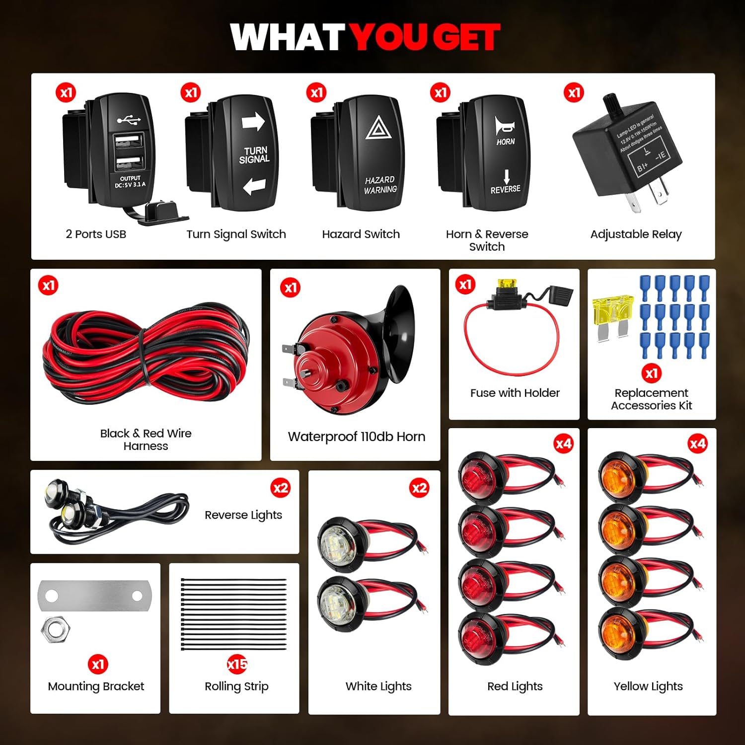 Universal UTV Turn Signal Kit with 110D Horn, SXS ATV UTV Street Legal Kit for CFMOTO Polaris Ranger RZR Kawasaki Can-Am, 12V Blinker with Reverse Hazard Light Rocker Switch USB Flasher Relay