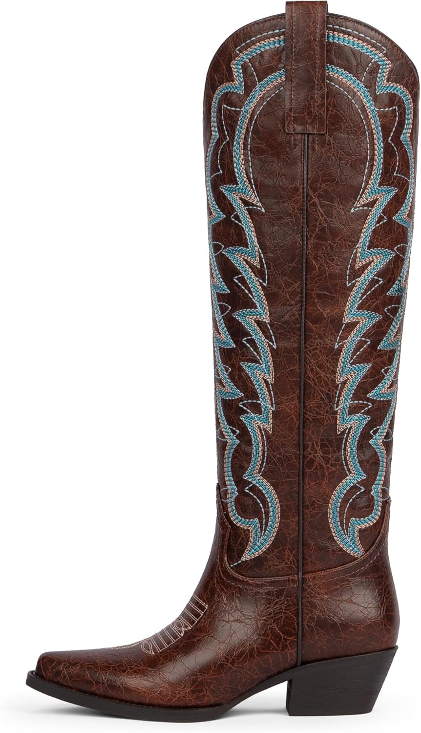 Modatope Cowboy Knee High Boots for Women Pointed Toe Chunky Heel Embroidered Wide Calf Cowgirl Boots Women Pull on Western Boots - Image 4