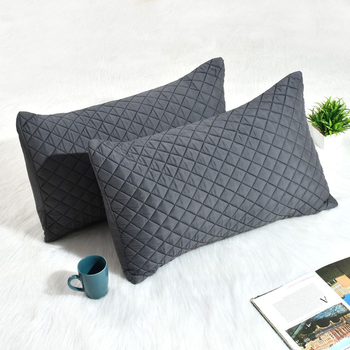 Hidecor Premium Cotton Quilted Pillow Cases Set of 2 | 300 Thread Count | Ultra-Soft & Cooling | Breathable Skin & Hair Friendly Pillow Covers | 17 x 27 Inches | Grey-picture-10