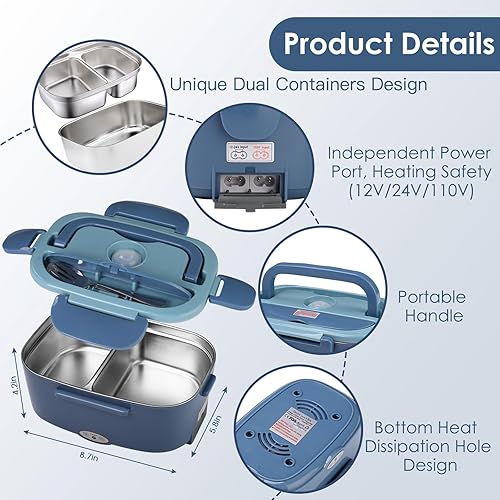 Miniatura 6 de Fiambrera eléctrica calentador de alimentos con contenedores dobles de 1.5 L, lonchera térmica portátil a prueba de fugas de 80 W para adultos,