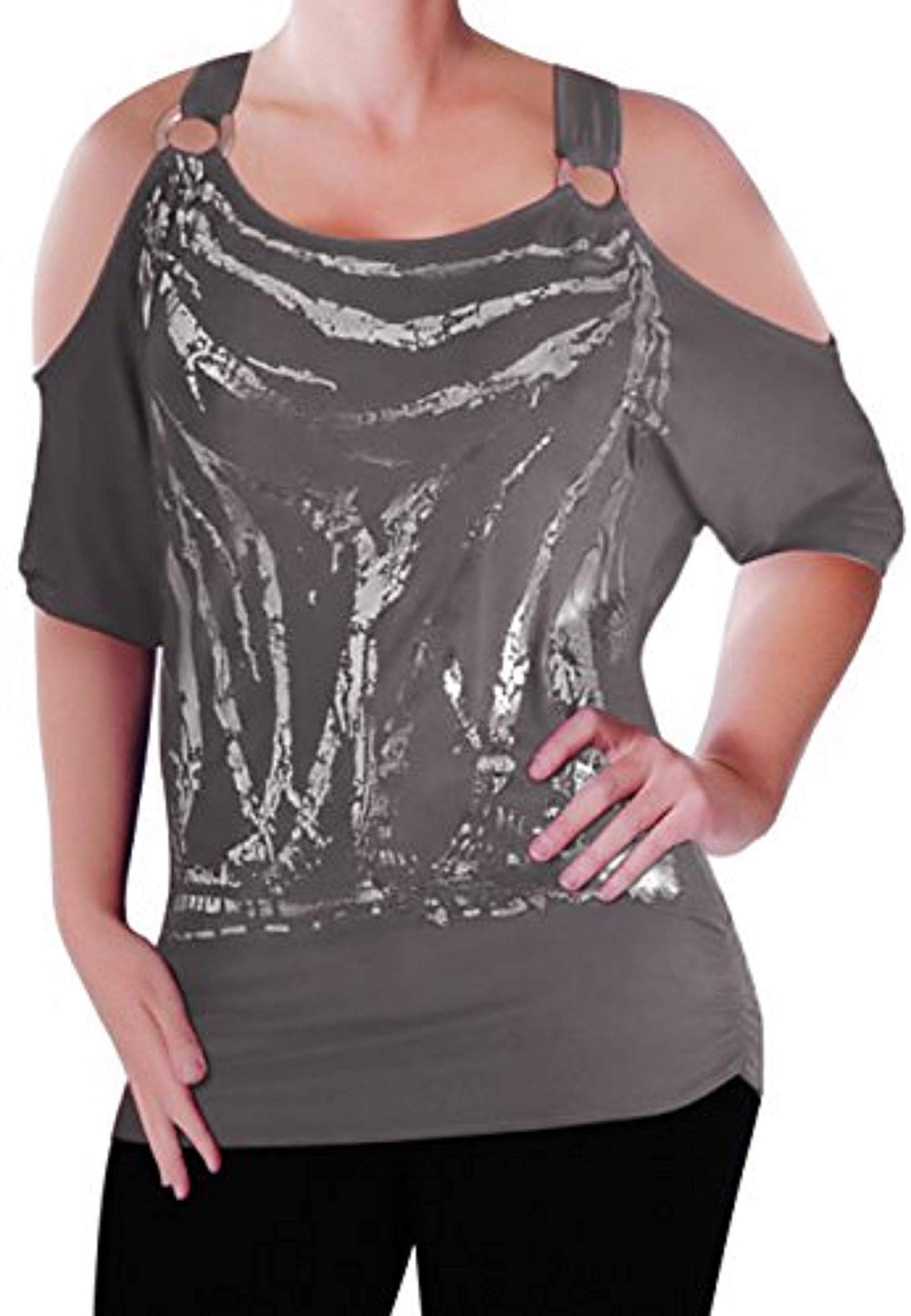 EyeCatch Mona Off The Shoulder Cut Out Graphic Womens Top Charcoal S/M