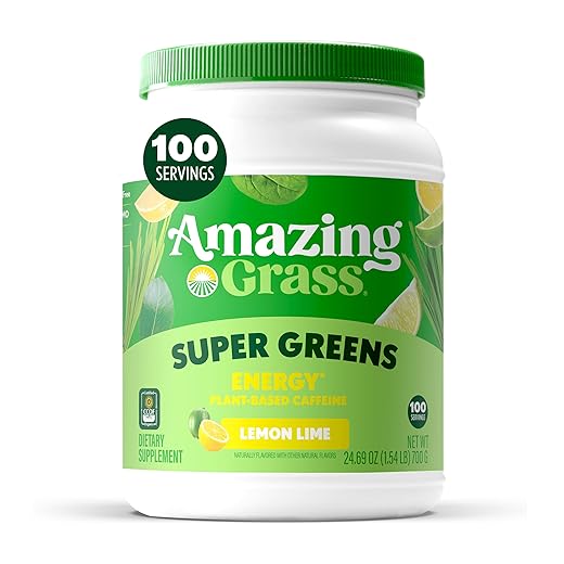Amazing Grass Green Superfood Energy: Smoothie Mix, Super Greens Powder & Plant Based Caffeine with Green Tea and Flax Seed, Nootropics Support, Lemon Lime, 100 Servings