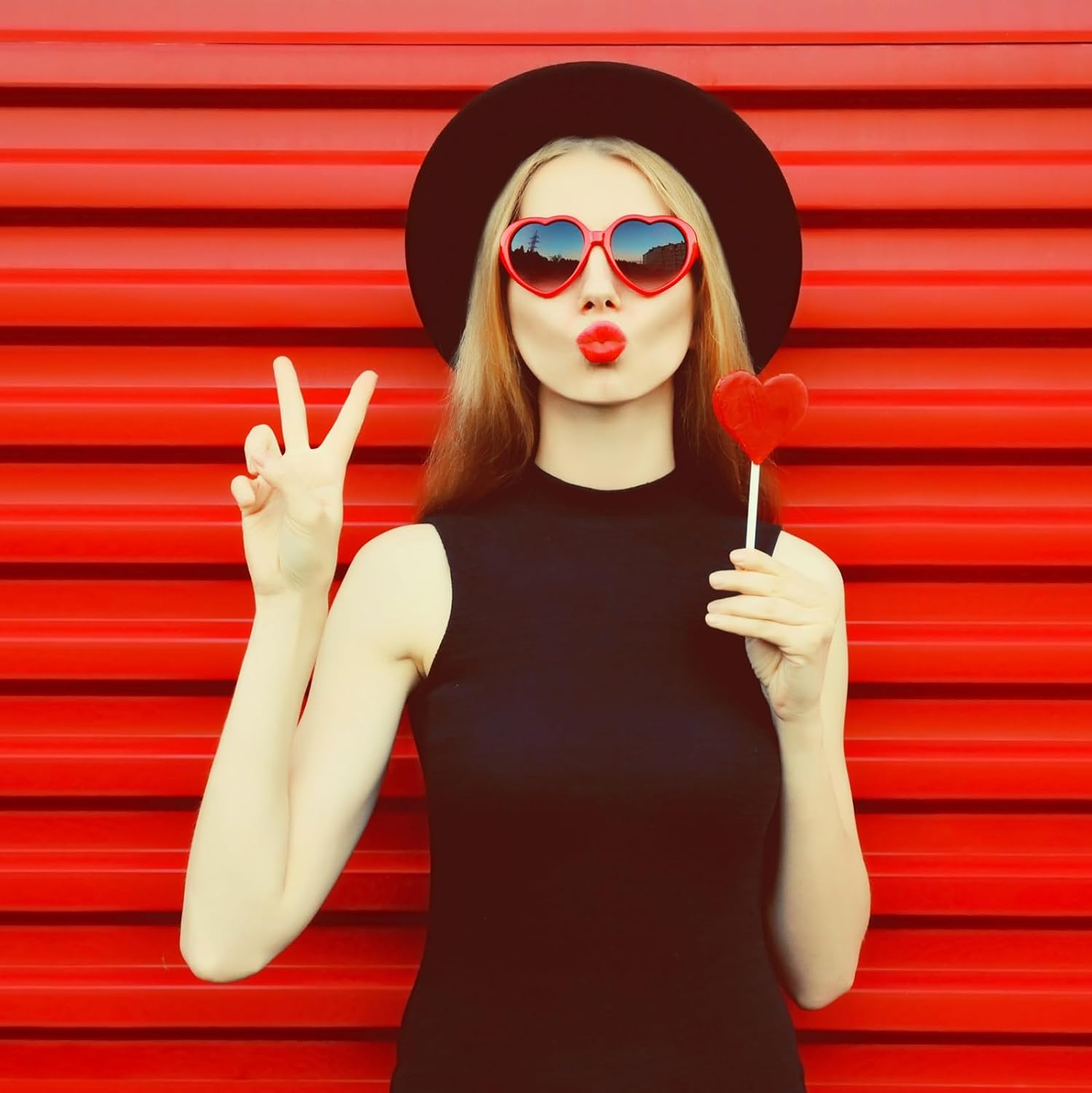 Fashion Classic Black Fedora Hats + Red Heart Sunglasses Costume Outfit - Flat Wide Brim Church Cap Jazz Hat - Image 7