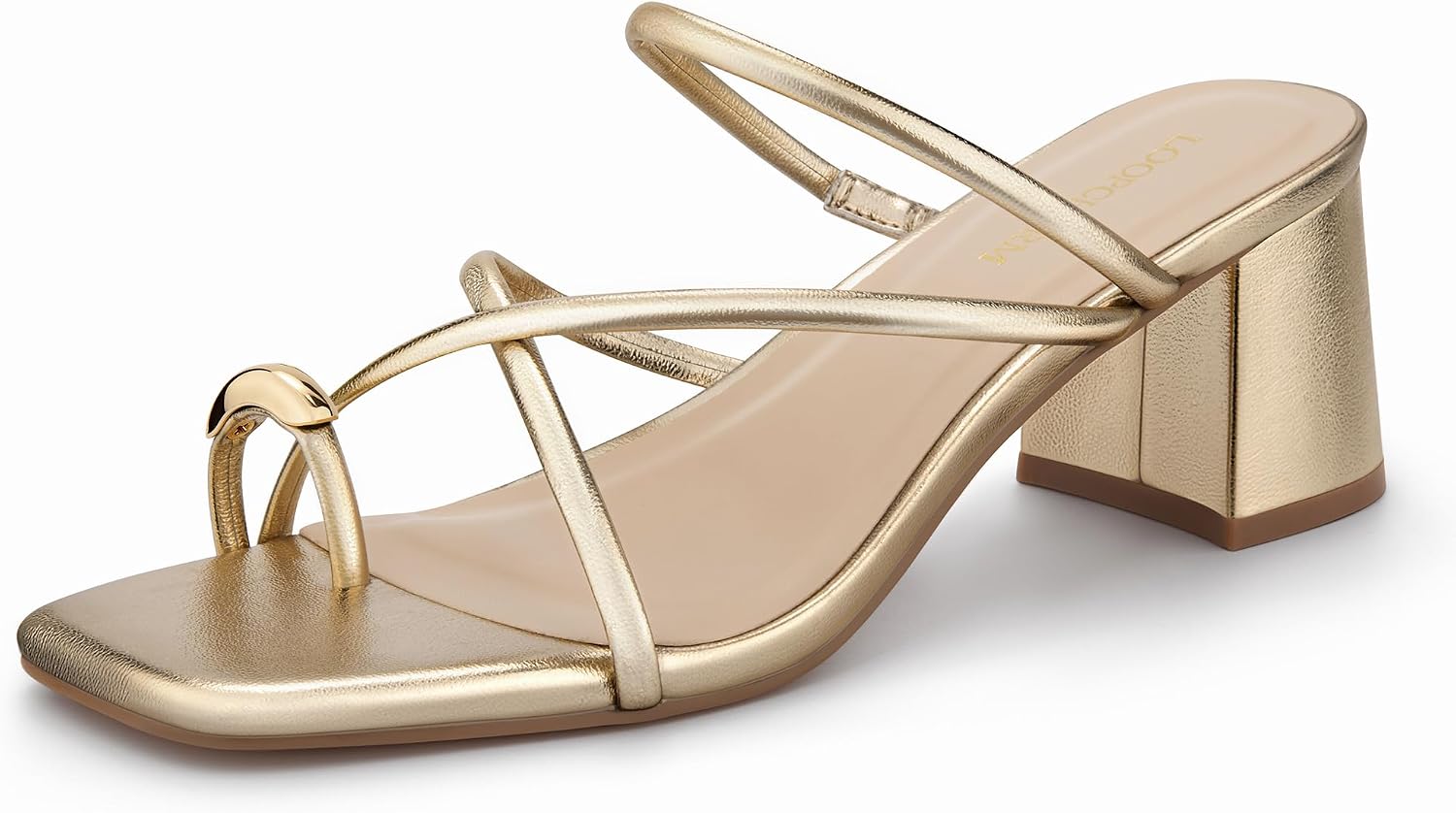 Women’s Strappy Sandals Mules Dress Low Chunky Block Heel Square Open Toe Slip On Shoes with Metal Toe Ring