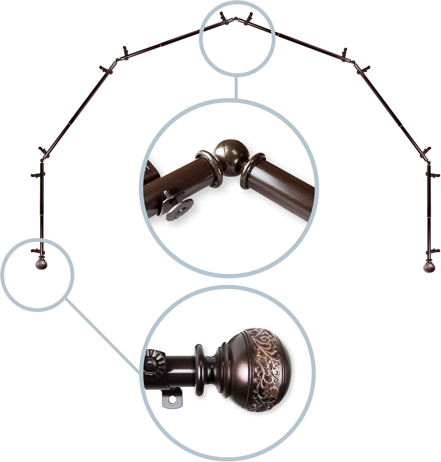 Rod Desyne 13/16" Nathan 6-Sided Bay Window Curtain Rod, Cocoa