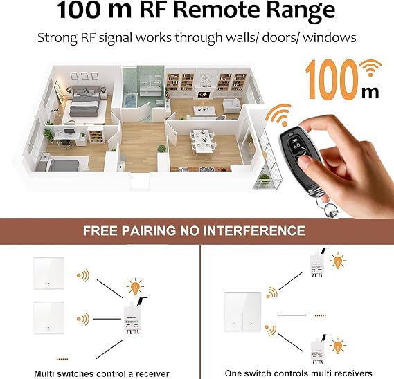 QIACHIP Wireless Light Switch Kit,433Mhz Remote Control 10A Relay receiver controller RF Radio 86 Wall Panel Safety On/Off Switch for Lamp up to 1000W