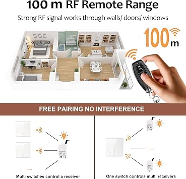 QIACHIP Wireless Light Switch Kit,433Mhz Remote Control 10A Relay receiver controller RF Radio 86 Wall Panel Safety On/Off Switch for Lamp up to 1000W