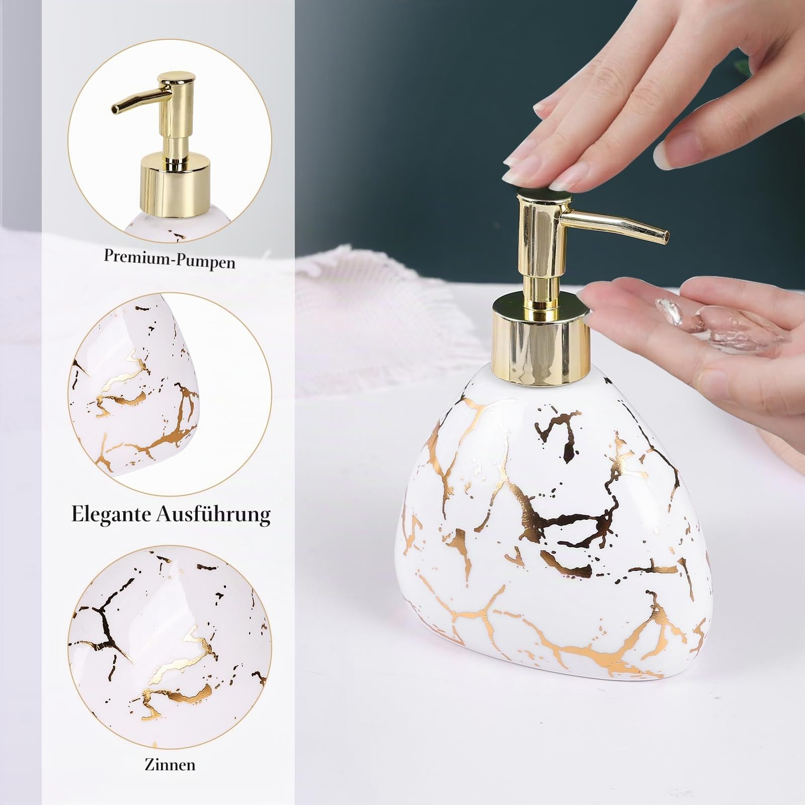 6 pcs Keramik Set für Badezimmer Weiß mit goldnem Marmor-Look. Enthält Seifenverteiler, Zahnbürstenhalter u. mehr. Stylische und praktische Badezimmerdekoration.
