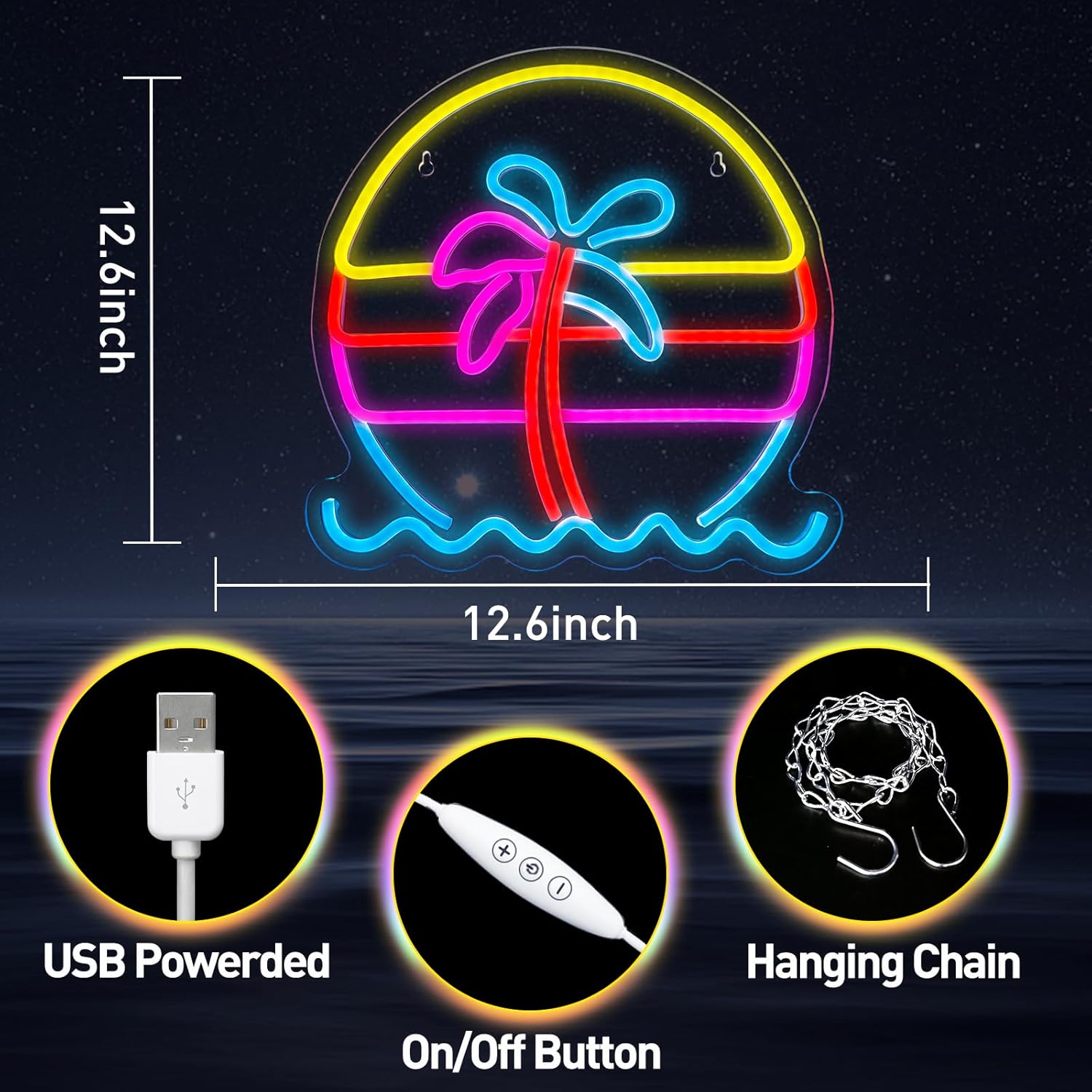 Sunset Neon Sign, Dimmable Palm Tree Neon Light for Party Bar Restaurant Wall Decor, USB Powered Tropical Beach View LED Light Sign for Kids Christmas Gifts, 12.60”×12.60” - Image 6