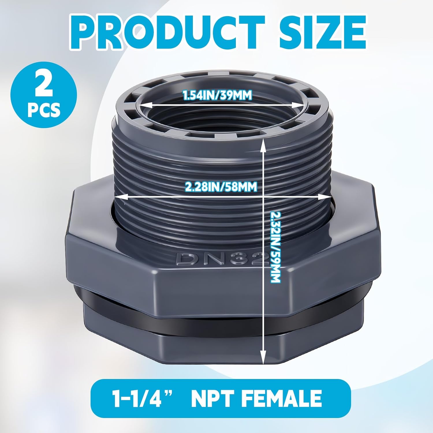 2 Pcs 1-1/4 Inch Bulkhead Fitting PVC Water Tank Connector Plumbing Pipe Threaded Bulkhead Fitting NPT for Rain Barrels, Water Tanks, Aquariums, Tubs, Pools