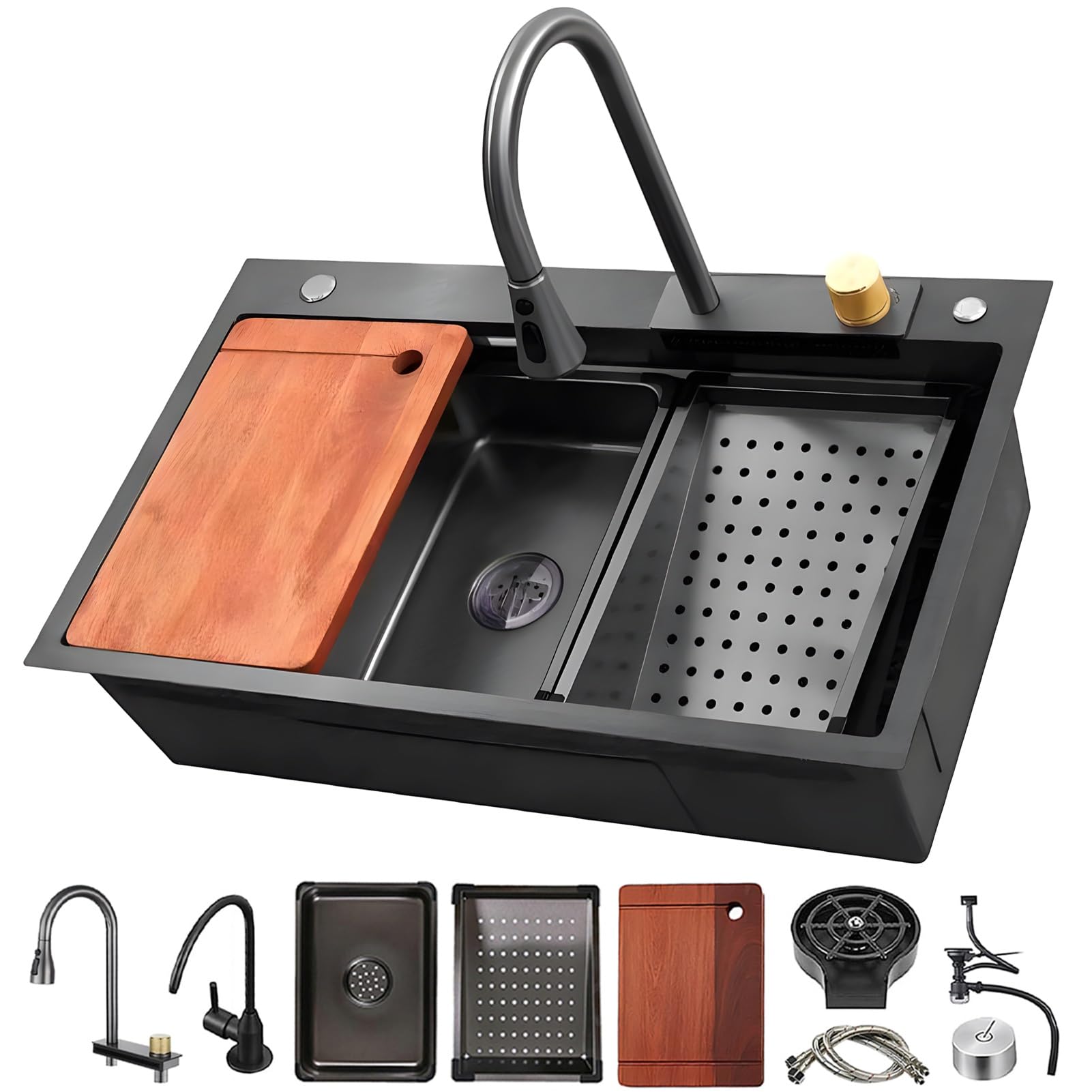 HYSOPSPX Stainless Steel Waterfall Kitchen Sink - Large Single Bowl, Multifunctional Topmount Bar with Integrated Faucet & Complete Accessories(Black-A,85x45cm)