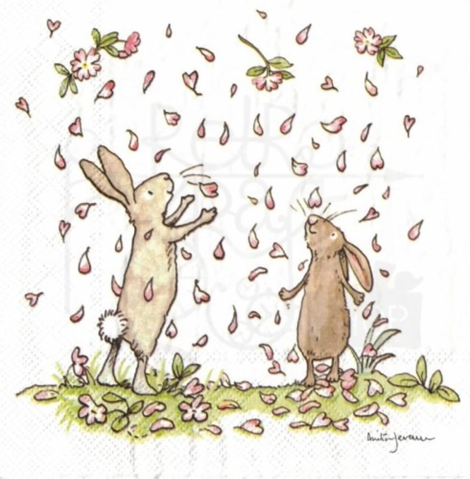 Set of 2 Individual Decoupage Paper Party Napkin Bunnies Spring Easter Love Watercolor Decor Luncheon Napkins for a Birthday Holiday, Wedding, Cocktail Party