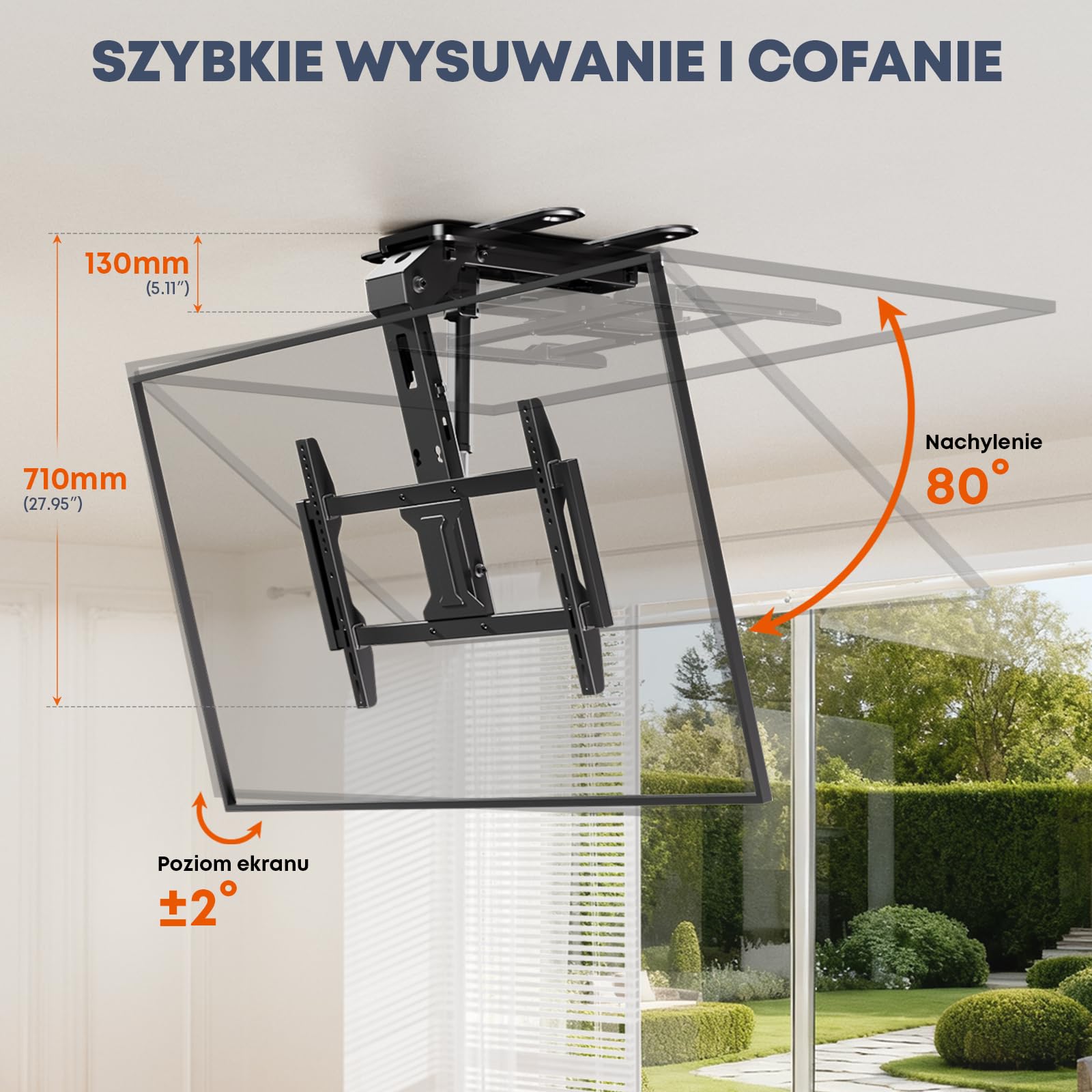 Elektryczny Uchwyt TV Sufitowy 37–75" – Opuszczany Podnośnik TV, Pilot, Udźwig 45 kg, VESA 600×400mm, Czarny