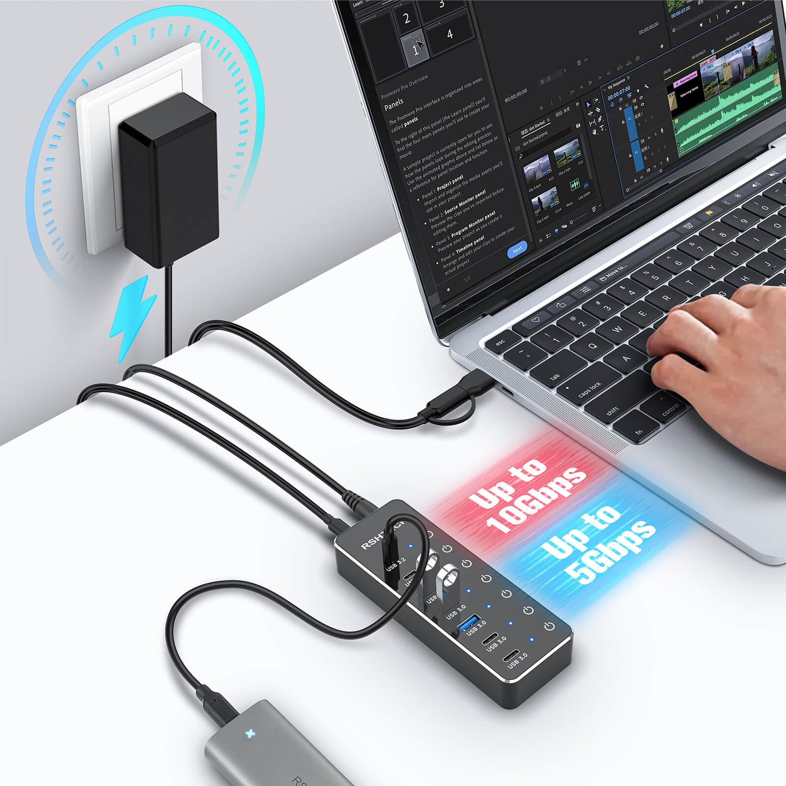 RSHTECH - Divisor de concentrador USB 3.2/USB-C de 7 puertos con 3 puertos USB 3.2 de 10 Gbps (2C + 1A), 4 puertos USB-3.0 (2C + 2A), cable de 3.2 pies, interruptores táctiles y adaptador de corriente