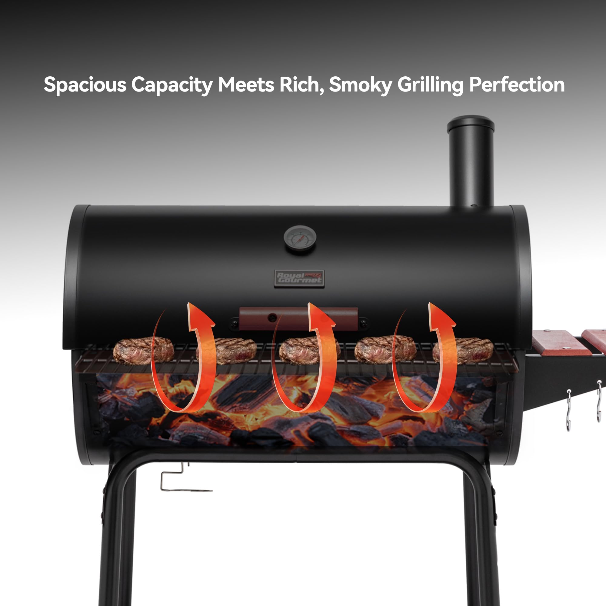 Royal Gourmet CC1830V grill na węgiel drzewny 30 beczek z malowanym drewnem stolikiem przednim, 1600 cm kwadratowych, miejsce do gotowania, na podwórko, patio i imprezy, czarny