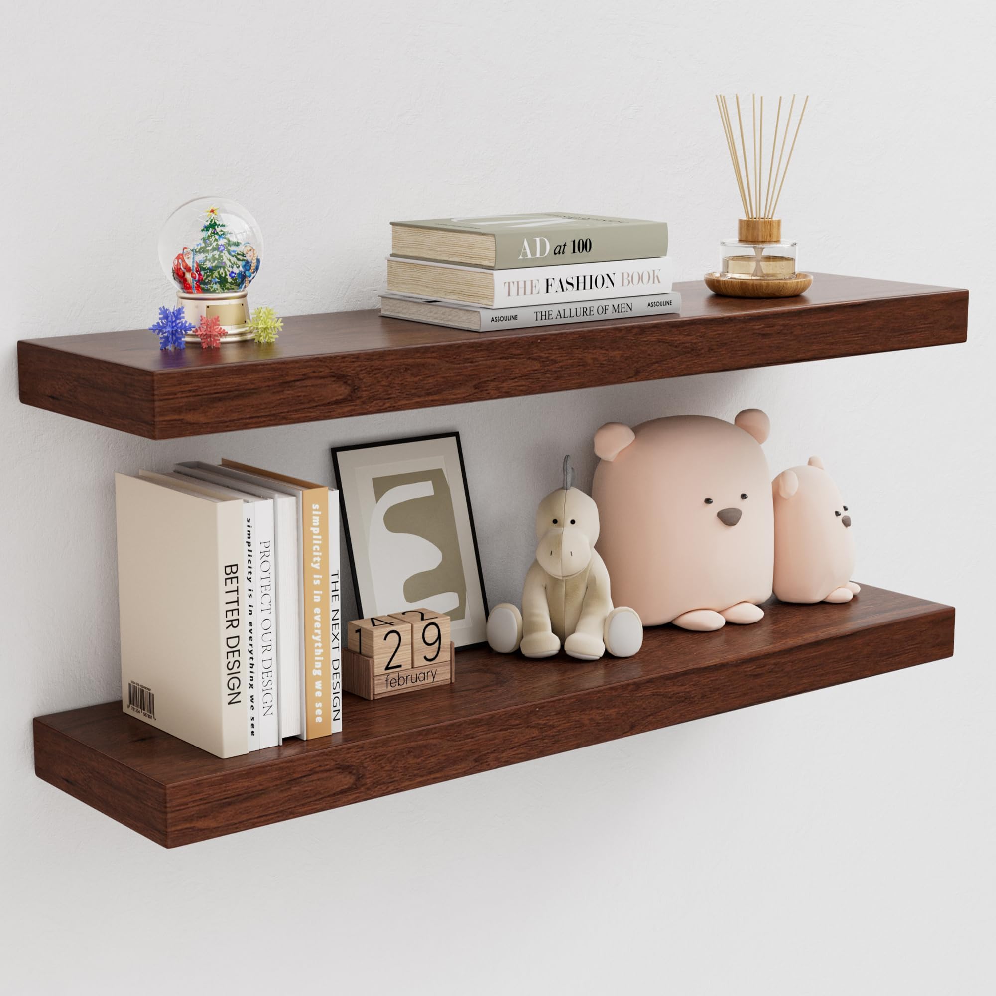 QueenFun 32 Inch Walnut Floating Shelves, 8 Inch Deep Floating Shelves Wall Mounted, Thick Wooden Shelf with 50LB Load-Bearing for Living Room Kitchen Bathroom