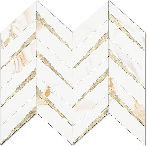 STICKGOO 10 hojas de azulejos en espiga para despegar y pegar, mármol Calacatta mezclado con PVC dorado claro para salpicaderos, azulejos de pared