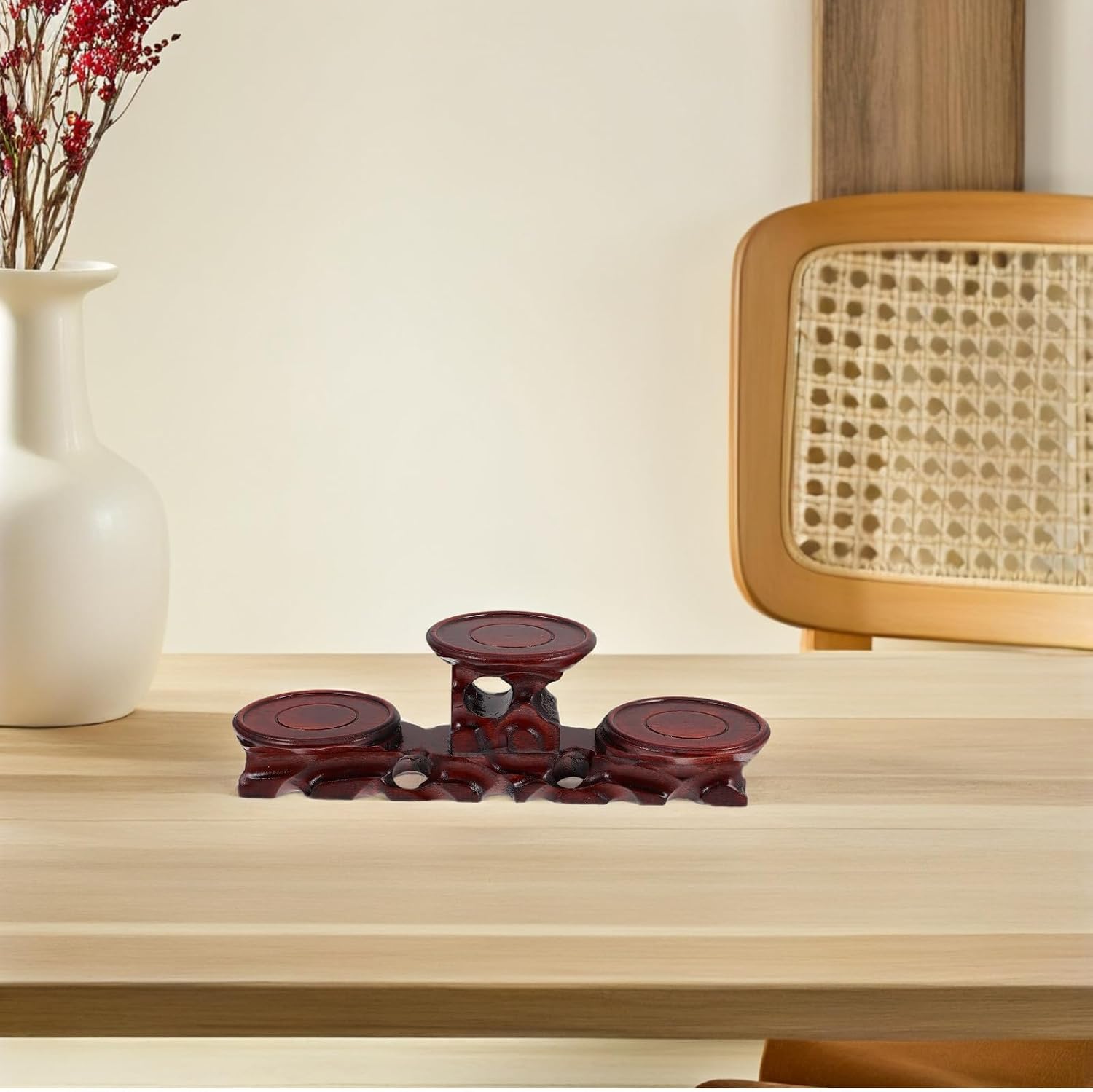 Totority Solid Wood round Display Stand Base, Small Wood Pedestal Stand for Tea Accessories and Collectibles, Three-tier Varying Height Wooden Riser Suitable for Home Decor and Countertop