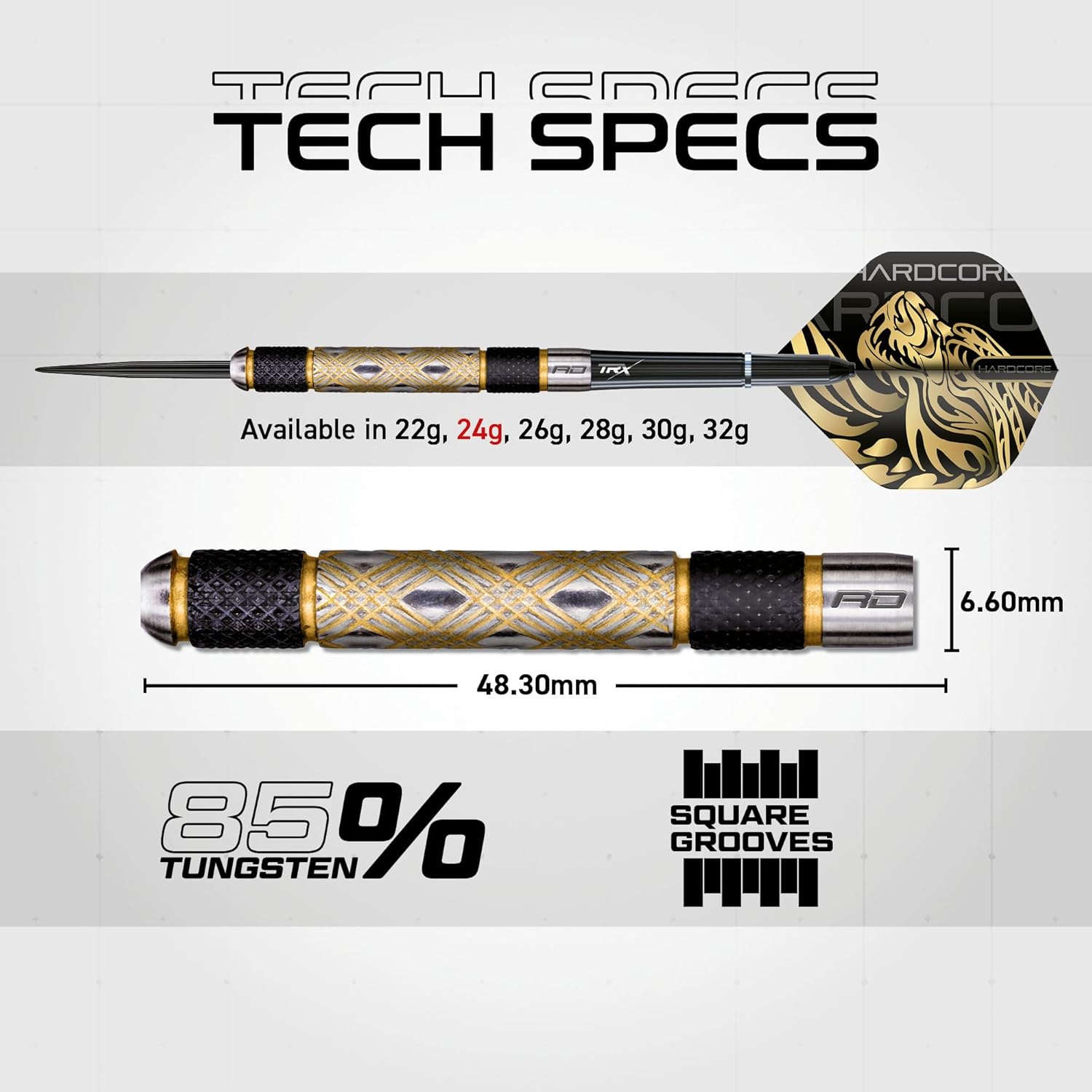 RED DRAGON - Golden Eyes - 22g, 24g, 26g, 28g, 30g, 32g Professional 85% Tungsten Darts Set with Flights and Stems