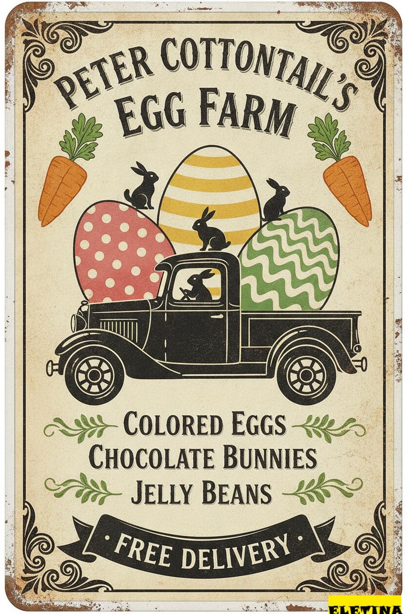 Peter Cottontail Egg Farm Easter Tin Sign, 8x12 Inch