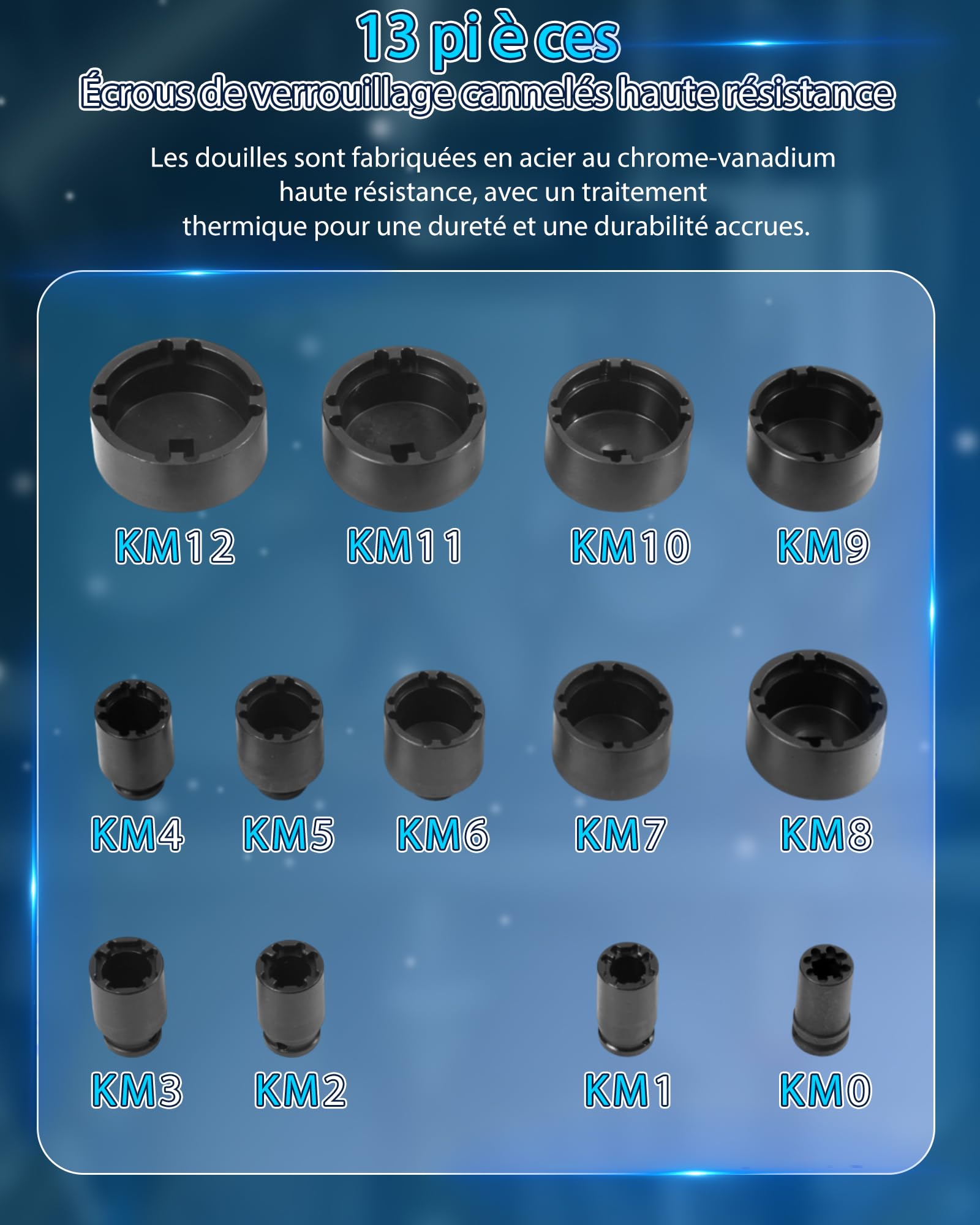Lot de 13 inserts d'écrous à couronne profilés lourds avec entraînement 1/2" KM0-KM12 Douille pour écrous Crantés pour KM, KML, HM, HML, HMLL avec Denture Intérieure pour Retrait et l'Installation