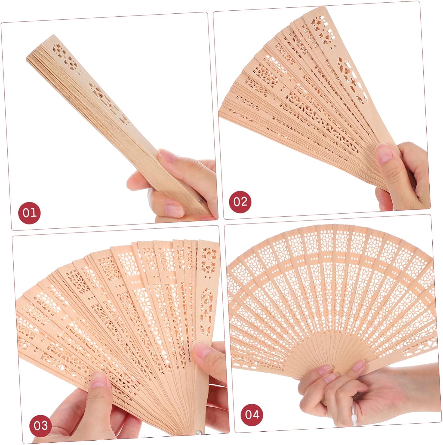 VALICLUD 50pcs Vintage Hand Fans Wooden Folding Fans Intricate Carvings Decorative Tassel and Organza Bag for Weddings Parties and Unique Guest Favors