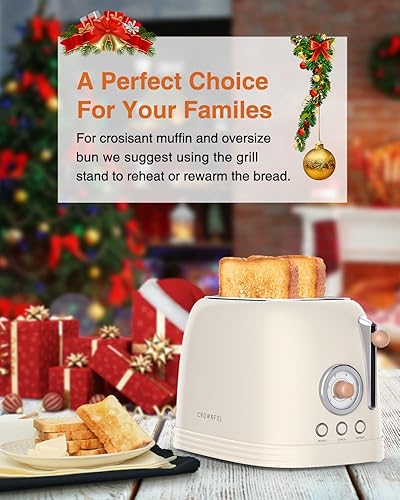 Miniatura 13 de CROWNFUL Tostadora de 2 rebanadas, tostadora de ranuras extra anchas, acero inoxidable retro con función bagel, cancelar, descongelar, recalentar y