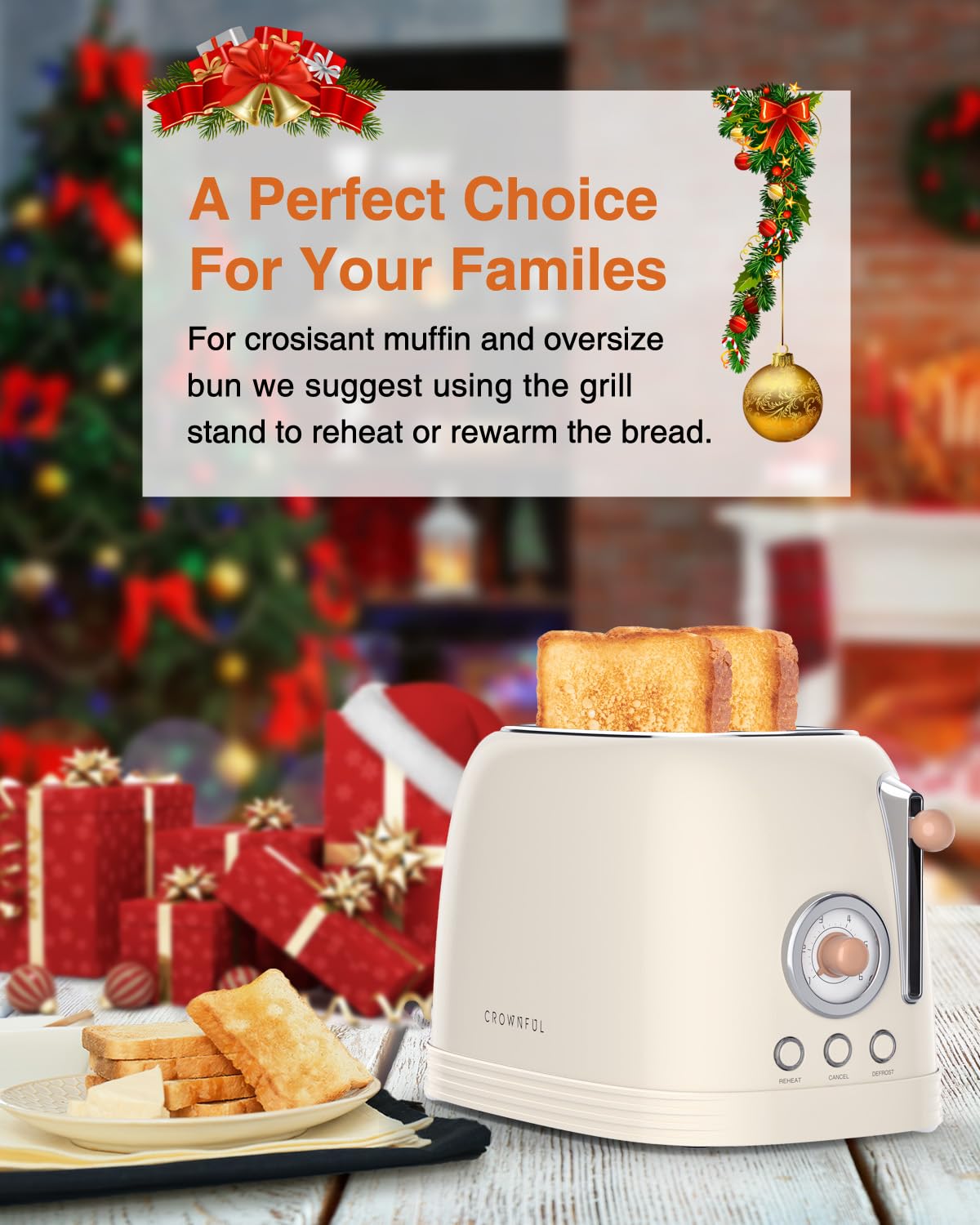 CROWNFUL 2-Slice Toaster, Extra Wide Slots Toaster, Retro Stainless Steel with Bagel, Cancel, Defrost, Reheat Function and 6-Shade Settings, Removal Crumb Tray, Black, view 13