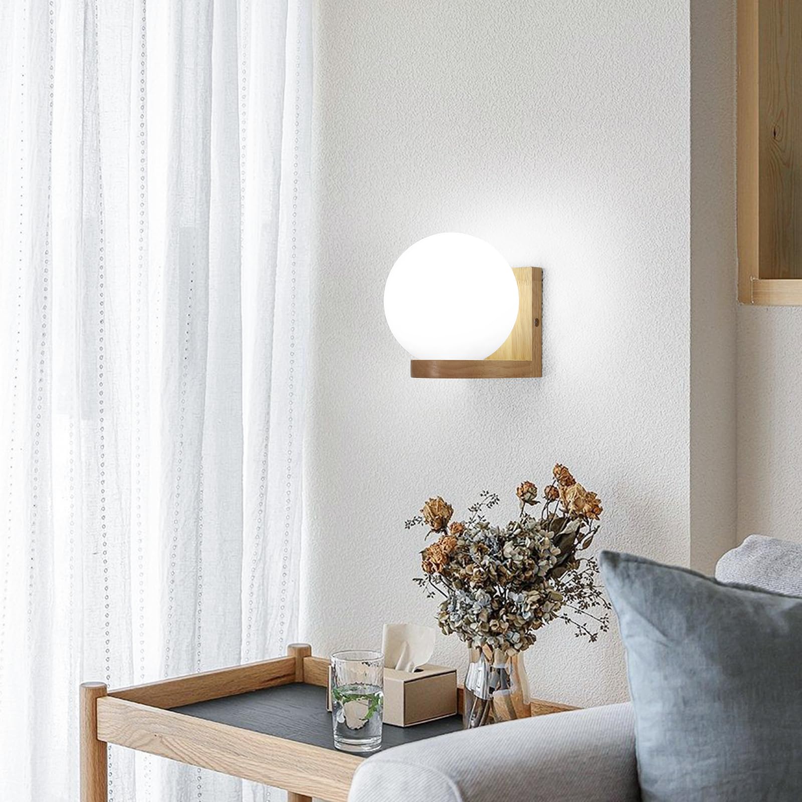 Tealight Applique da Parete Interno in Legno, Lampada da Parete Interno Vintage E27 per Camera da Letto, Lampada a Muro Palla di Vetro per Soggiorno Corridoio(Senza Lampadina), Wall Light Wood Round