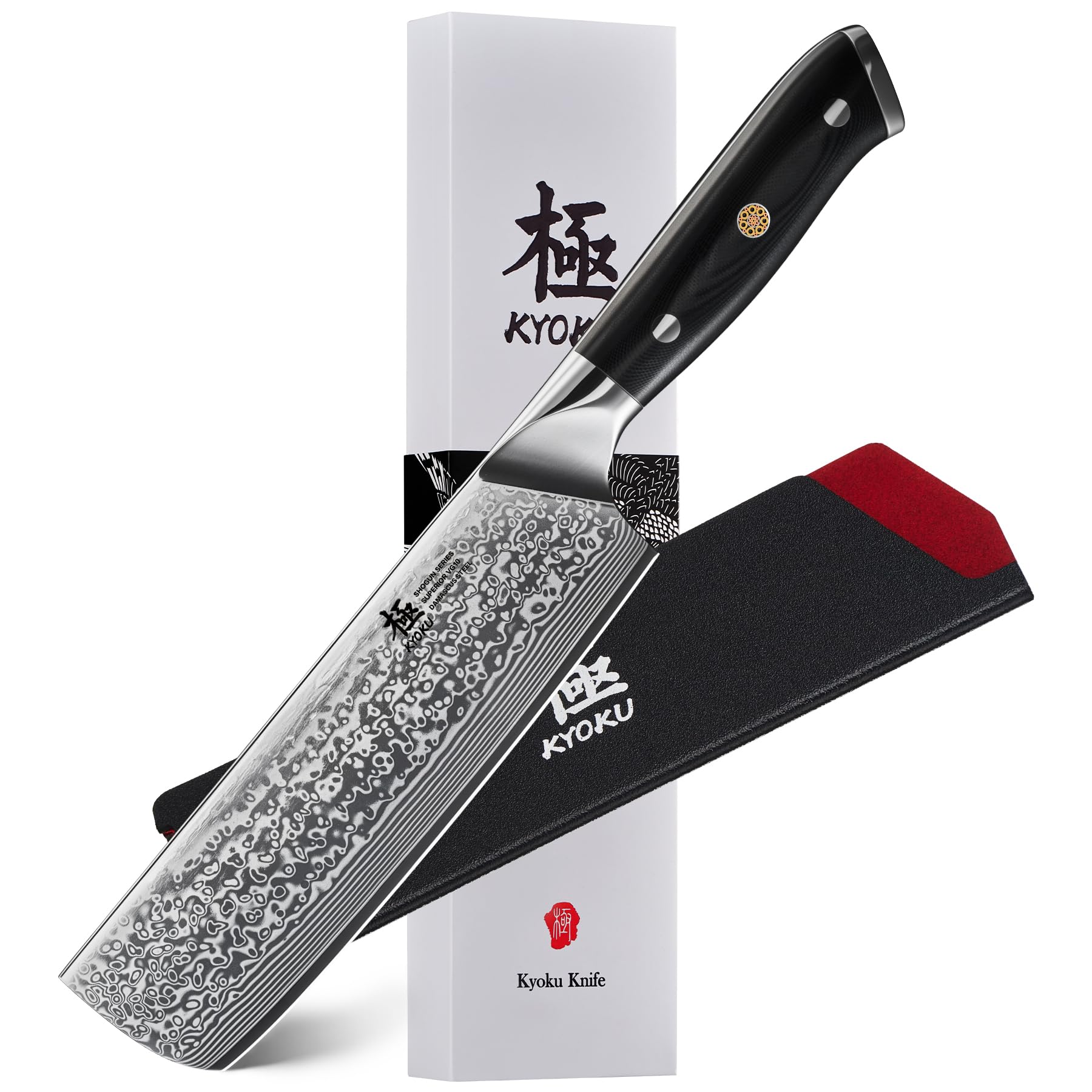 KYOKU Damascus Chef Knife 8" with Sheath & Case - Japanese VG10 Steel - 67 Layer Handcrafted Hammered Finish - DAIYAMONDO Series