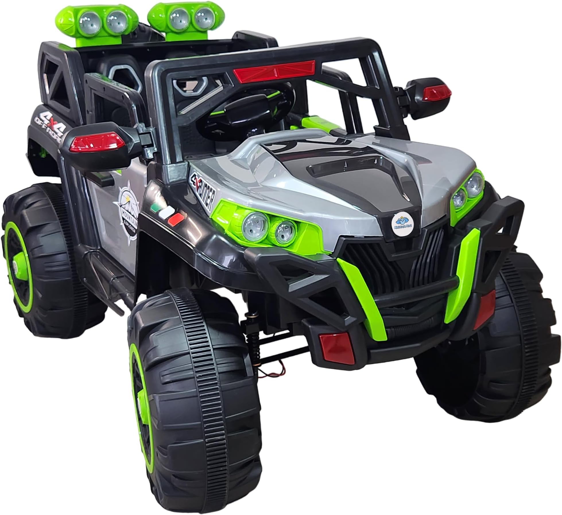 Miniature Mart Big Size Monster Truck Battery Operated Electric Ride On 4x4 Jeep for Kids Driving 1-8 Years | Remote Control | Bluetooth | USB | Swing | Birthday Gifts (Grey/Neon)