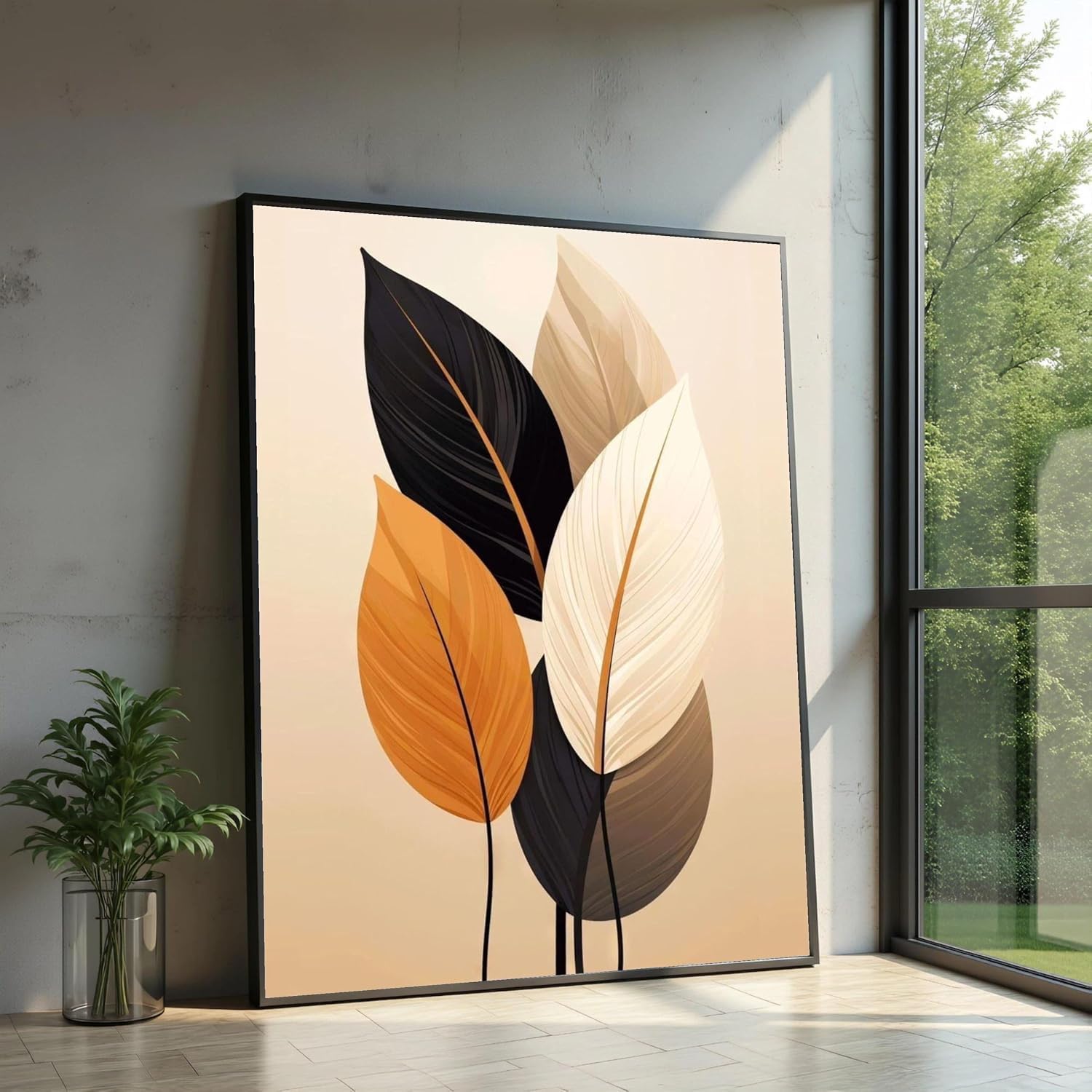 HIPWST Minimalistyczne liście, płótno, sztuka ścienna, abstrakcyjny botaniczny obraz olejny, neutralne odcienie, natura, wydruki, kwiatowy obraz na płótnie (50 x 70 cm/wewnętrzna rama)