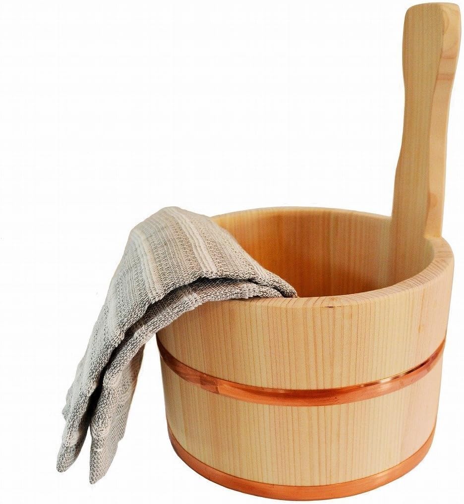 Hinoki Pure Wood Katate Yuoke Single Handed Bucket with Binchotan Body Towel