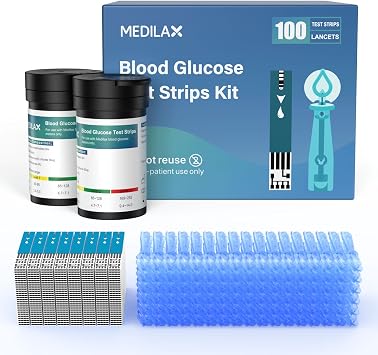 Medilax Blood Glucose Test Strips, 100 Counts Blood Sugar Test Strips + 100 Counts Lancets, Only for Medilax Blood Glucose Monitor Kit for Diabetes, High Accuracy & Fast Results