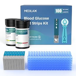 Medilax Blood Glucose Test Strips, 100 Counts Blood Sugar Test Strips + 100 Counts Lancets, Only for Medilax Blood Glucose Monitor Kit for Diabetes, High Accuracy & Fast Results