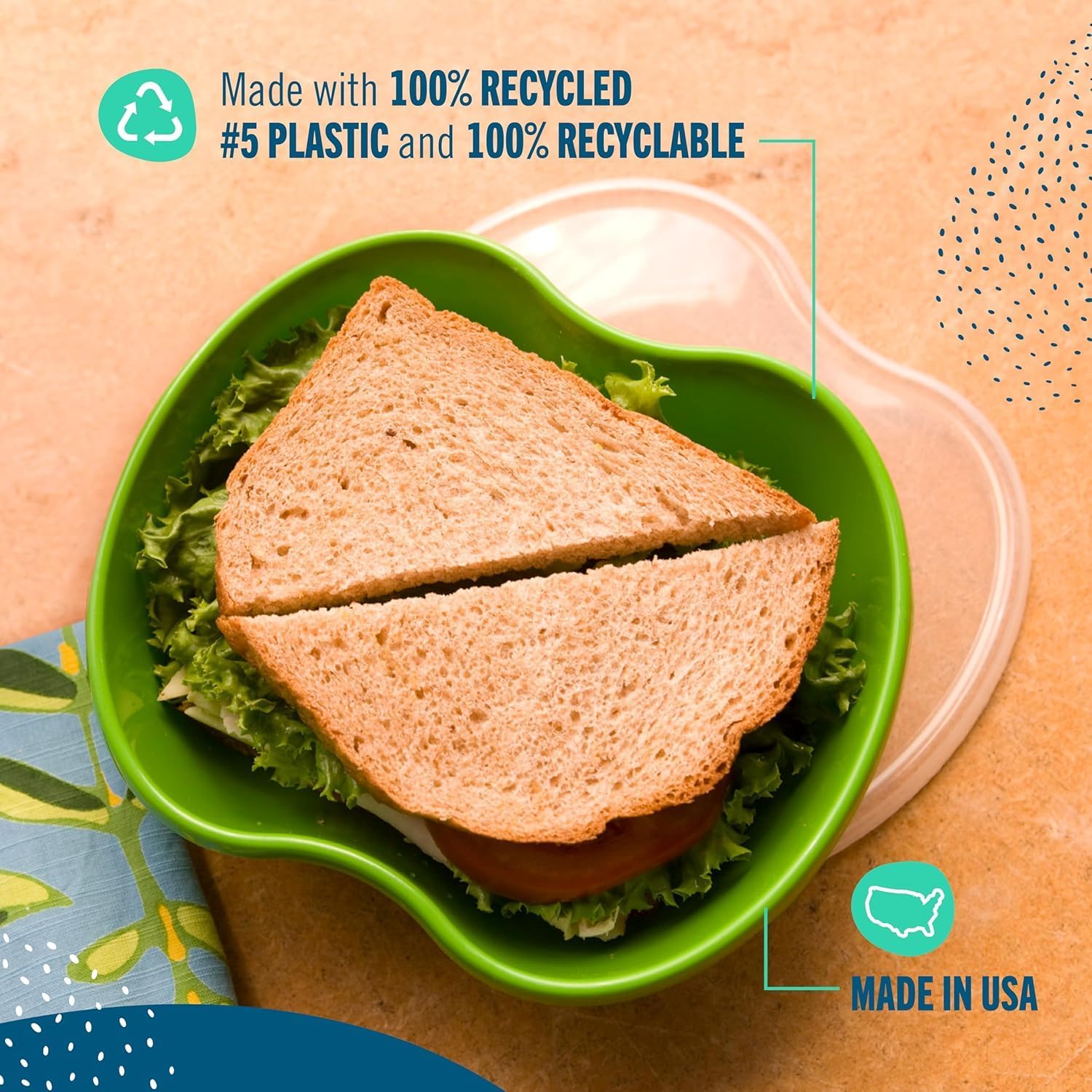 Preserve Dishwasher Safe BPA Free Sandwich Food Storage Container Made from Recycled Plastic in the USA, Bulk Set of 16, Apple Green