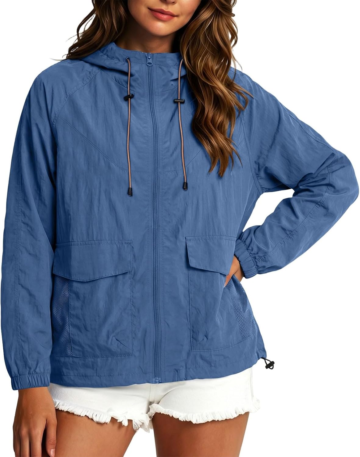 Womens Sun Protection Hooded Jacket Long Sleeve Zip Up Windbreaker Coat Fall Winter Outdoor Travel Rainwear Tops