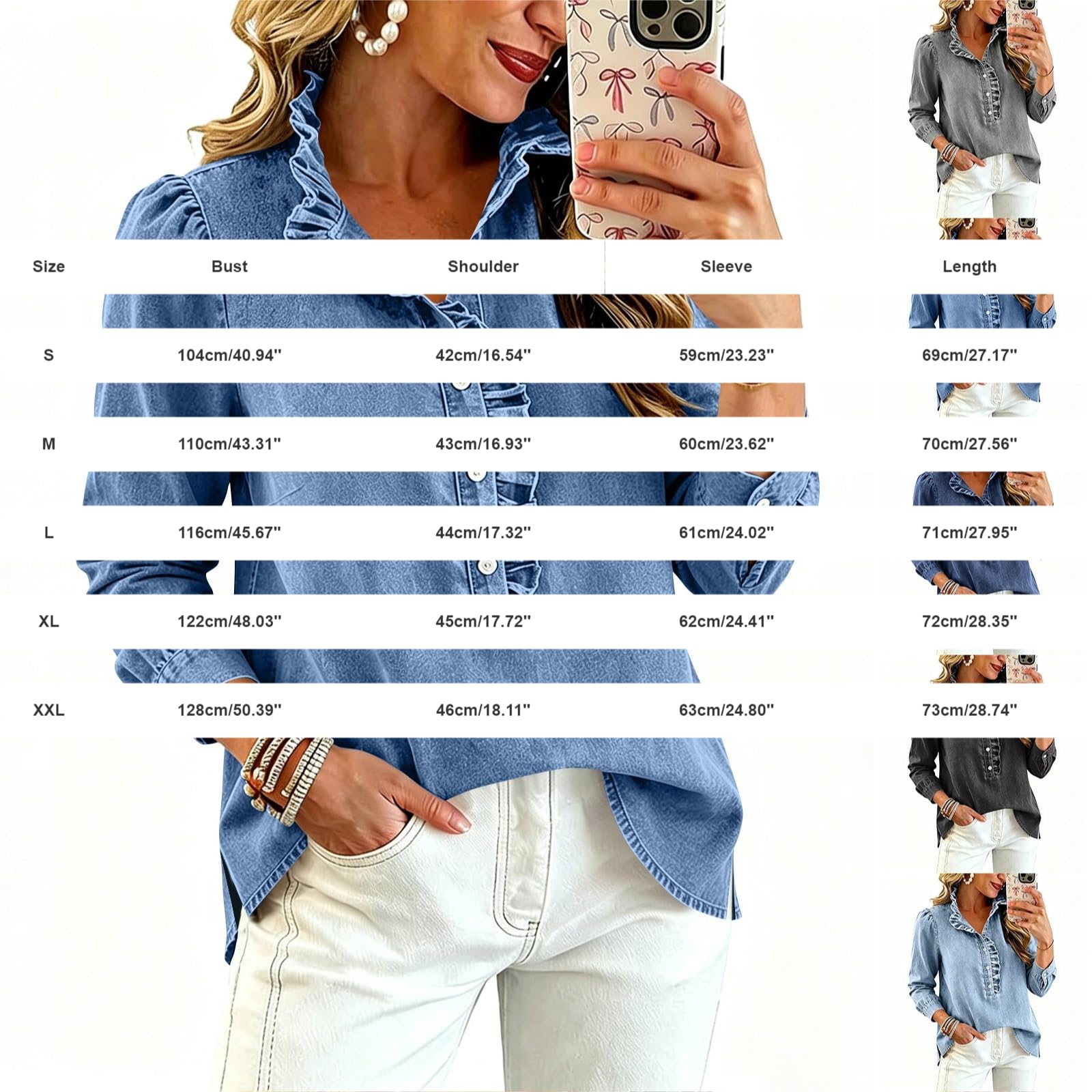 Camisa vaquera de manga larga para mujer, de manga larga, informal, de | Blusa vaquera con solapa, informal, de cambray con volantes, camisa vaquera, monocolor, elegante blusa vaquera